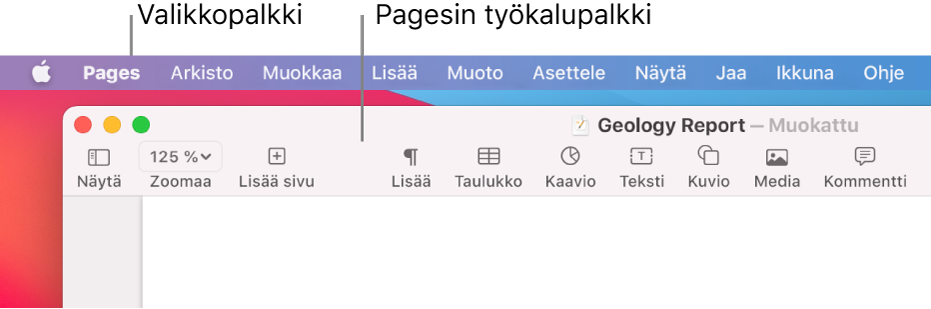 Valikkorivi, jossa vasemmalla on Omena- ja Pages-valikko, ja sen alla Pages-työkalupalkki, jossa vasemmalla ovat Näytä- ja Zoomaa-painikkeet.