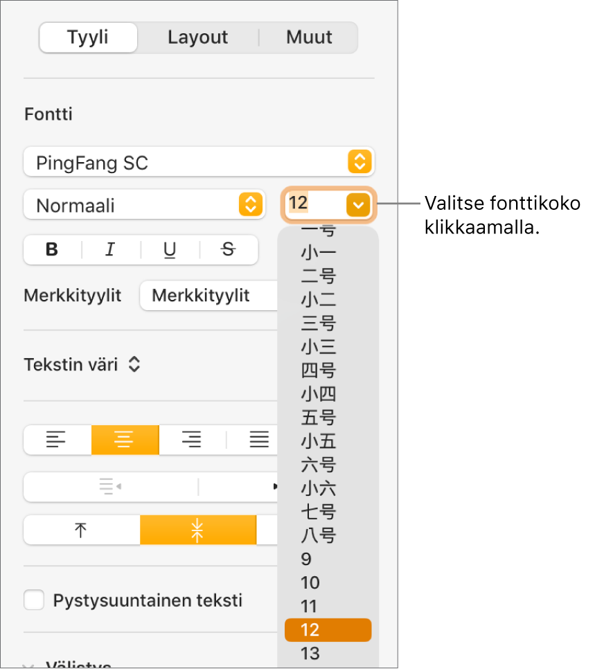 Muoto-sivupalkin Tyyli-osio, jossa on avoinna fonttikoon ponnahdusvalikko. Manner-Kiinan hallinnon standardifonttikoot näkyvät ponnahdusvalikon yläreunassa ja pistekoot niiden alla.