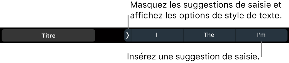 La Touch Bar d’un MacBook Pro présentant les commandes qui permettent de choisir un style de texte, de masquer et d’insérer des suggestions de saisie.