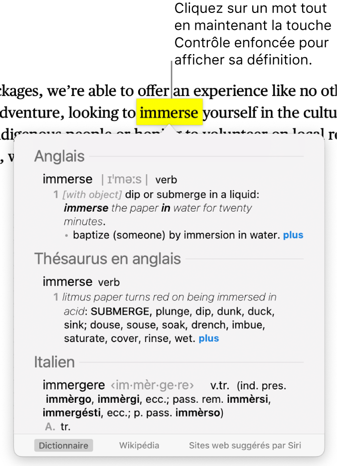 Un paragraphe avec un mot surligné et une fenêtre contenant sa définition et des synonymes. Des boutons en bas de la fenêtre fournissent des liens vers le dictionnaire, Wikipédia et des sites web suggérés par Siri.