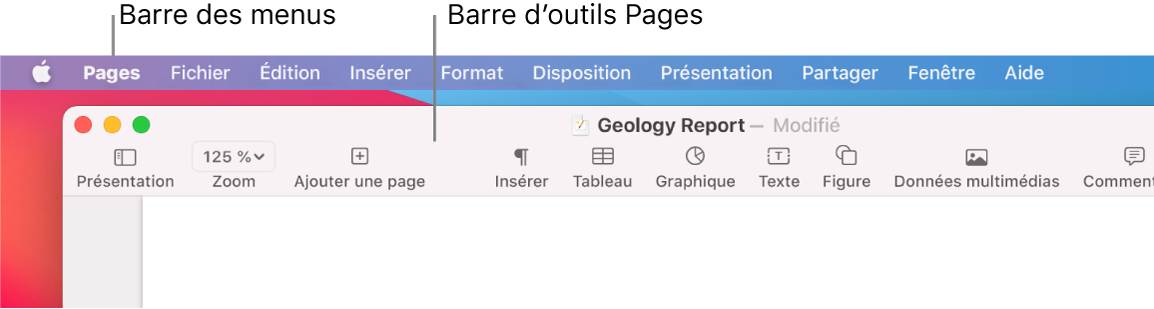 La barre des menus en haut de l’écran avec les menus Pomme, Pages, Fichier, Édition, Insertion, Format, Disposition, Présentation, Partager, Fenêtre et Aide. Sous celle-ci, un document Pages ouvert avec une barre d’outils supérieure proposant les boutons Présentation, Zoom, Ajouter une page, Insérer, Tableau, Graphique, Texte, Figure, Données multimédias et Commentaire.