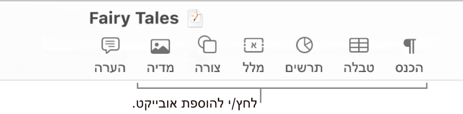 סרגל הכלים של Pages עם הכפתורים ״טבלה״, ״תרשים״, ״מלל״, ״צורה״ ו״מדיה״.