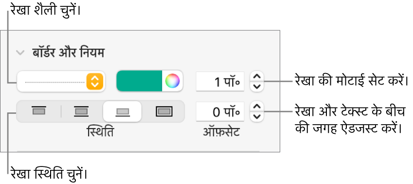 रखा शैली, मोटाई, स्थिति और रंग बदलने के लिए नियंत्रण।