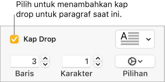 Kotak teks Kap Drop dipilih, dan menu pop-up muncul di kanannya; kontrol untuk mengatur tinggi garis, jumlah karakter, dan pilihan lainnya muncul di bawahnya.