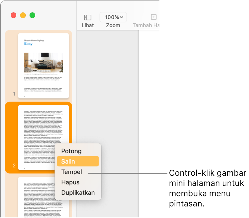 Tampilan Gambar Mini Halaman dengan satu gambar mini dipilih dan menu pintasan dibuka.