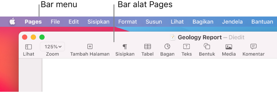 Bar menu dengan menu Apple dan menu Pages di pojok kiri atas dan di bawahnya, bar alat dengan tombol untuk Lihat dan Zoom di pojok kiri atas.