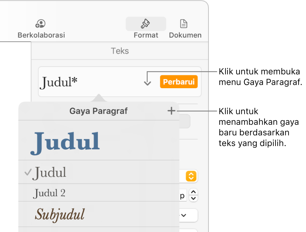 Menu Gaya Paragraf, menampilkan kontrol untuk menambahkan atau mengubah gaya.