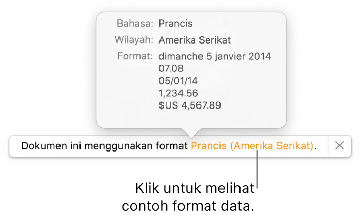 Pemberitahuan pengaturan bahasa dan wilayah yang berbeda, menunjukkan contoh format dalam bahasa dan wilayah tersebut.