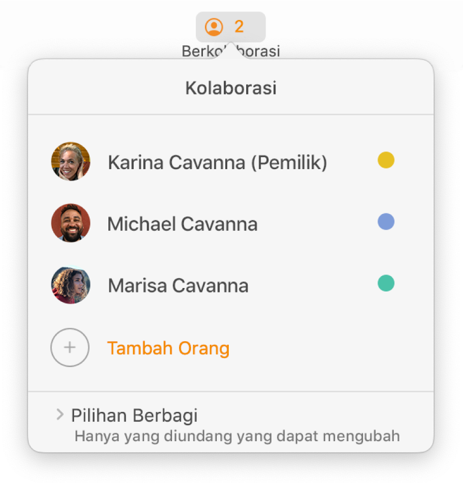 Menu Kolaborasi menampilkan nama orang yang berkolaborasi di dokumen. Pilihan berbagi terdapat di bawah namanya.