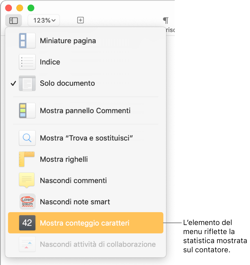 Il menu Vista aperto con “Mostra conteggio caratteri” nella parte inferiore.
