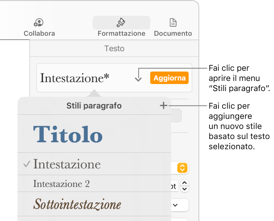 Il menu “Stili Paragrafo”, in cui vengono visualizzati i controlli per aggiungere o modificare uno stile.