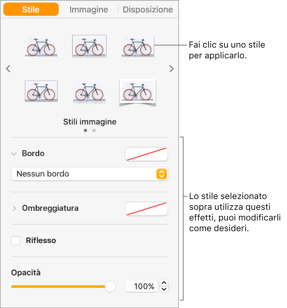 Pannello Stile della barra laterale Formattazione che mostra le opzioni relative allo stile dell'oggetto.