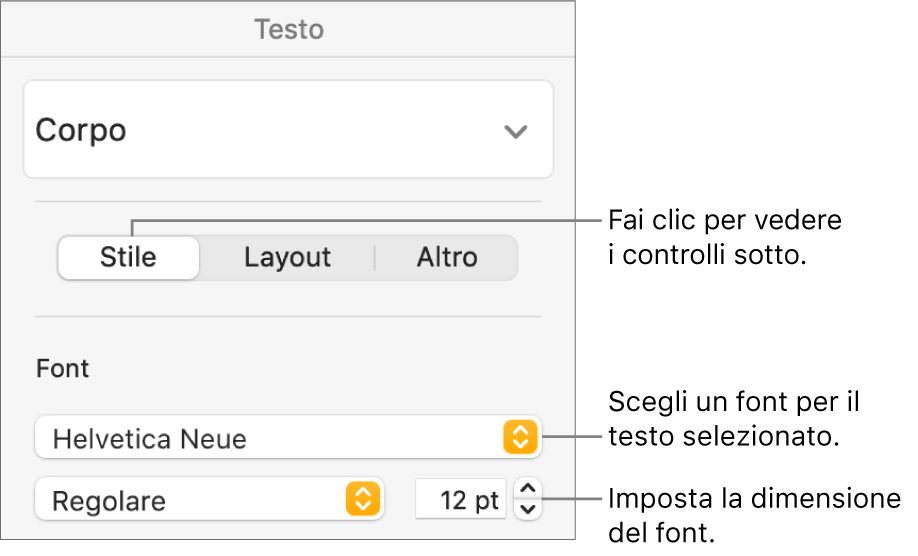 Controlli del testo nella sezione Stile della barra laterale Formattazione per impostare font e dimensioni del font.
