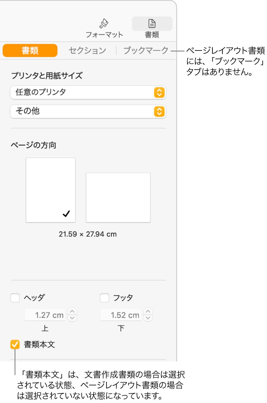 「フォーマット」サイドバー。上部に「書類」、「セクション」、「ブックマーク」の各タブがあります。「書類」タブが選択されていて、「ブックマーク」タブへのコールアウトに、ページレイアウト書類には「ブックマーク」タブがないことが示されています。「書類本文」チェックボックスが選択されています。これが文書作成書類であることも示しています。