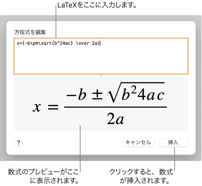 LaTeXを使用して書き込まれた二次方程式の解の公式が「方程式」フィールドに、公式のプレビューがその下に表示されます。