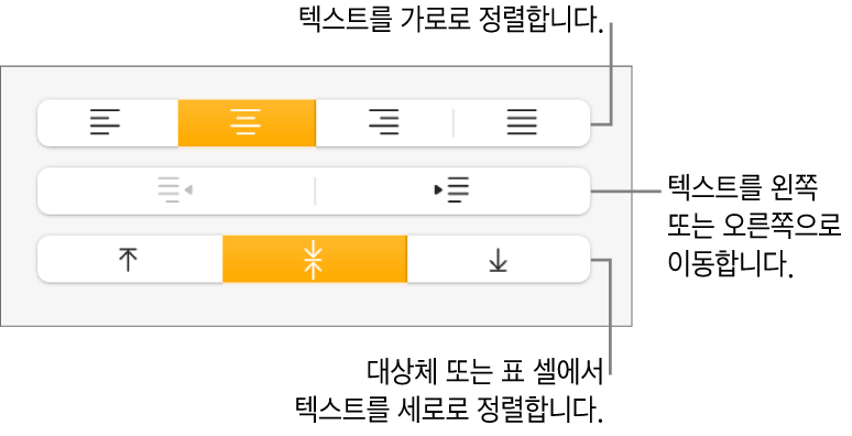 텍스트를 가로 및 세로로 정렬할 수 있는 버튼과 텍스트를 왼쪽 또는 오른쪽으로 이동할 수 있는 버튼이 있는 포맷 속성의 정렬 섹션.