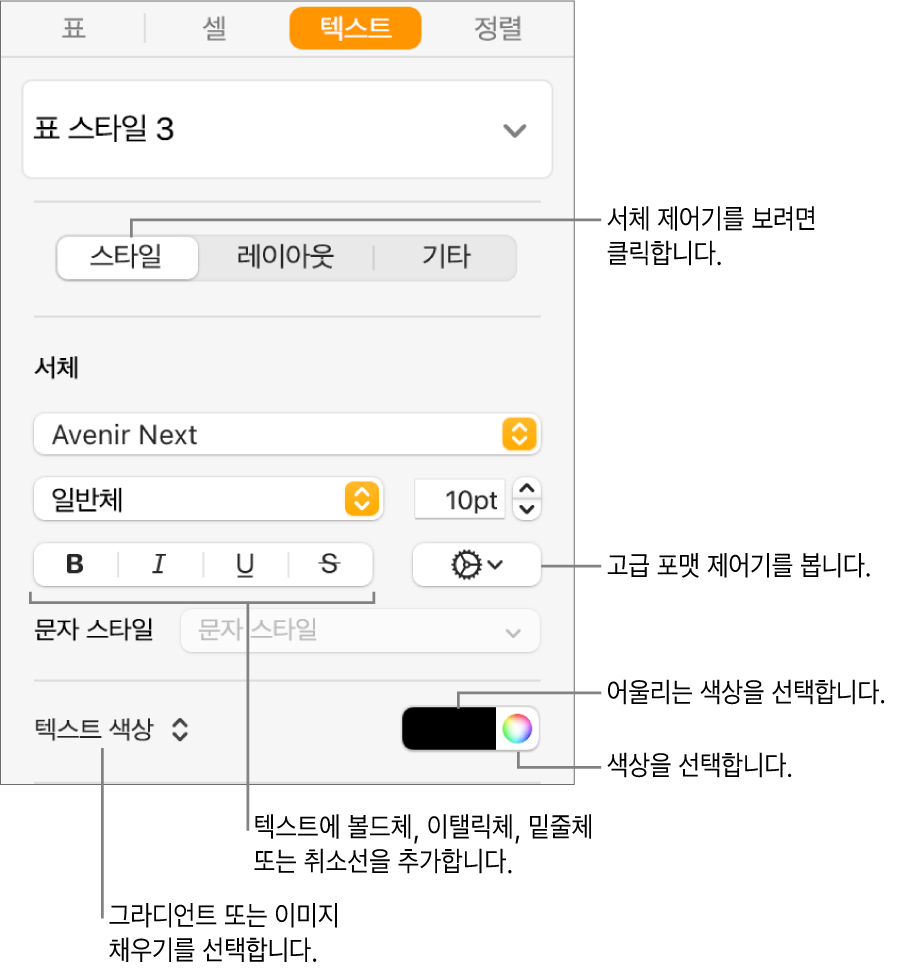 표 텍스트의 스타일을 지정하는 제어기.