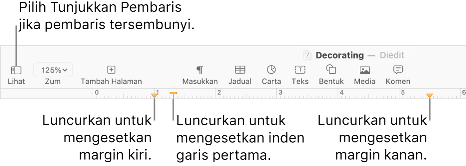 Pembaris dengan kawalan margin kiri dan kawalan inden baris pertama.