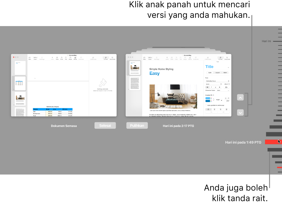 Garis masa versi menunjukkan dokumen semasa di sebelah kiri dan versi terbaru di sebelah kanan.