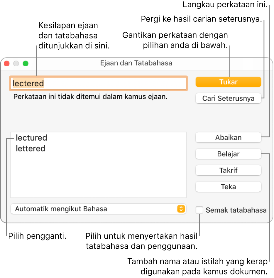 Tetingkap Ejaan dan Tatabahasa.