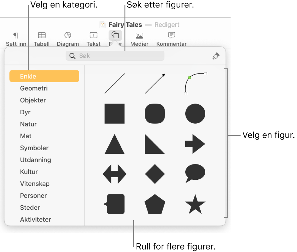 Figurbiblioteket, som viser kategorier til venstre og figurer til høyre. Du kan bruke søkefeltet øverst til å finne figurer, og du kan rulle for å se mer.