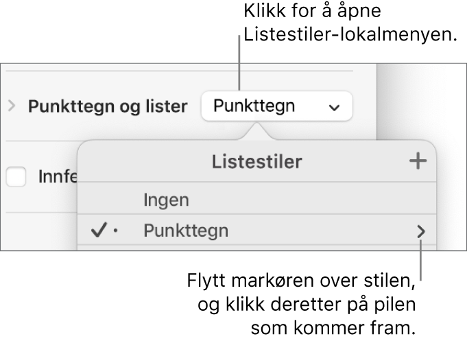 Listestiler-lokalmenyen med én stil markert og en pil helt til høyre for den.