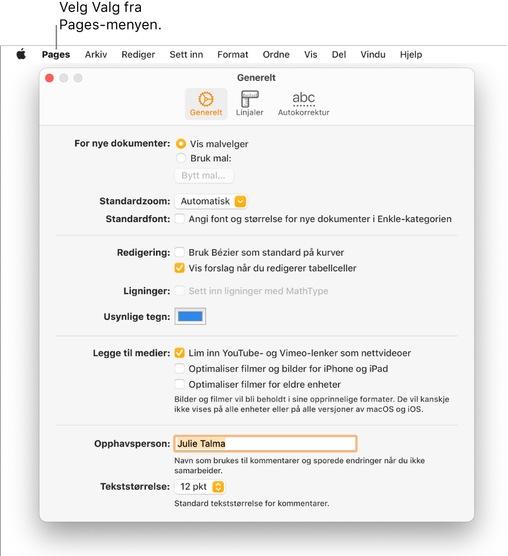 Pages-valgvinduet med Generelt-panelet åpent.