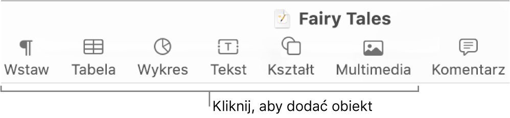 Pasek narzędzi z przyciskami dodawania tabel, wykresów, tekstu, kształtów i multimediów.