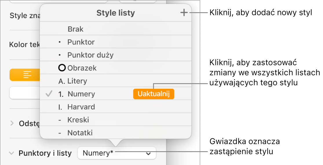 Menu podręczne Style listy z gwiazdką oznaczającą zastąpienie stylu oraz objaśnieniami przycisku Nowy styl oraz podmenu z opcjami zarządzania stylami.