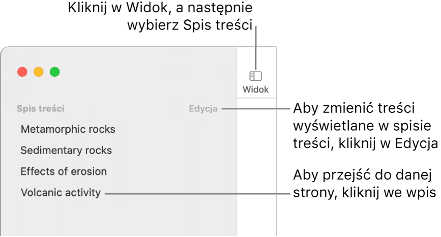 Spis treści widoczny po lewej stronie okna Pages. W prawym górnym rogu paska bocznego znajduje się przycisk Edycja. Niżej widoczna jest lista pozycji spisu treści. W lewym górnym rogu paska narzędzi Pages (nad paskiem bocznym) znajduje się przycisk Widok.