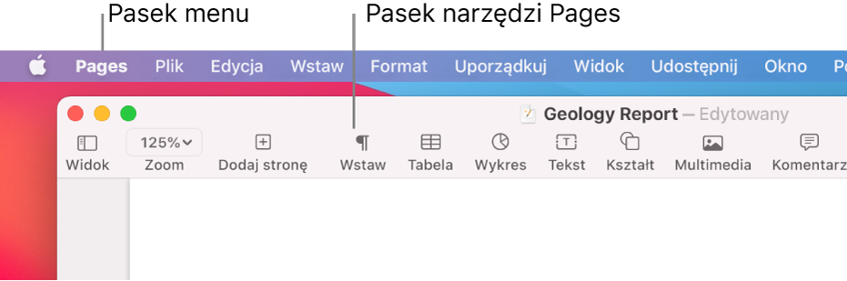 Pasek menu na górze ekranu, zawierający menu Apple, Pages, Plik, Edycja, Wstaw, Format, Uporządkuj, Widok, Udostępnij, Okno oraz Pomoc. Poniżej widoczny jest otwarty dokument Pages, zawierający w górnej części pasek narzędzi z przyciskami Widok, Zoom, Dodaj stronę, Wstaw, Tabela, Wykres, Tekst, Kształt, Multimedia oraz Komentarz.