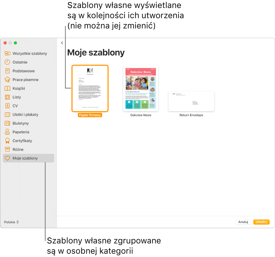 Paleta szablonów z widocznymi po lewej kategoriami. Ostatnia kategoria to Moje szablony. Szablony własne wyświetlane są w kolejności ich utworzenia i nie można zmienić ich ułożenia.