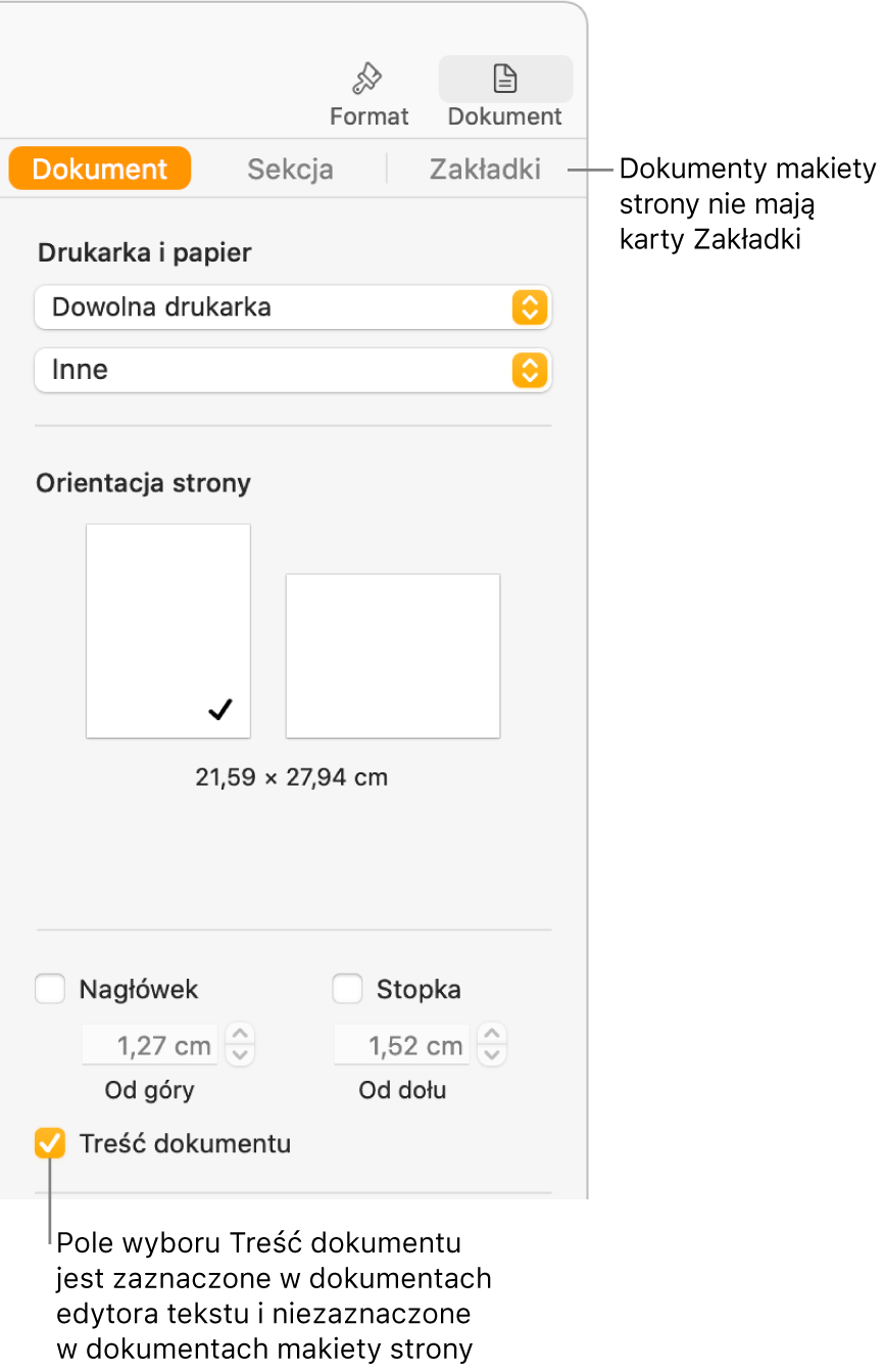 Pasek boczny Format z widocznymi na górze kartami Dokument, Sekcja oraz Zakładki. Zaznaczona jest karta Dokument. Obok karty Zakładki widoczny jest opis informujący, że dokumenty makiety strony nie mają karty Zakładki. Pole wyboru Treść dokumentu jest zaznaczone, co wskazuje również, że jest to dokument edytora tekstu.