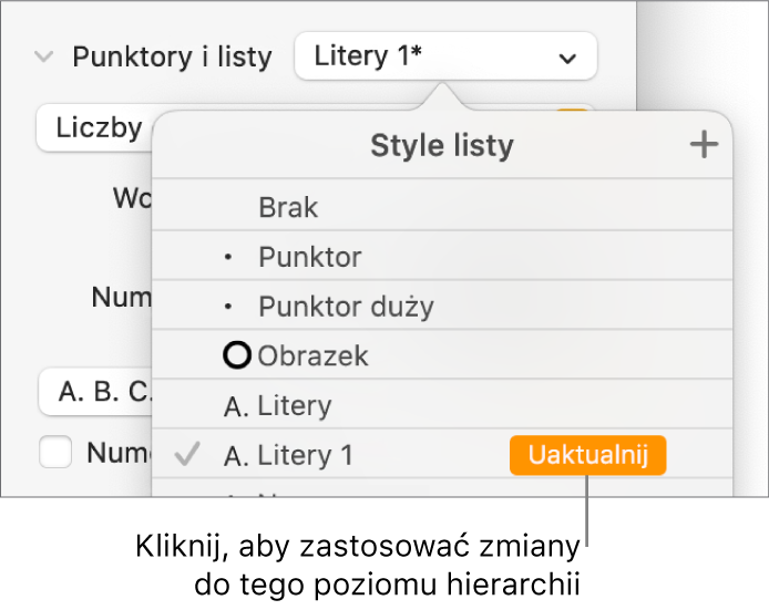 Menu podręczne Style listy z przyciskiem Uaktualnij obok nazwy nowego stylu.