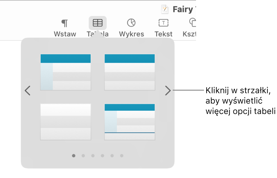 Menu dodawania tabeli ze strzałkami nawigacji.