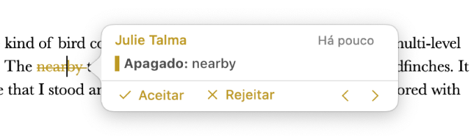 Texto apagado com um comentário aberto e as setas Aceitar, Rejeitar e de navegação. A alteração controlada mostra o nome do autor e a data.