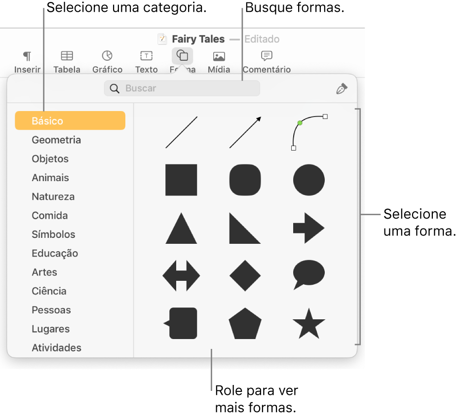 A biblioteca de formas, com categorias listadas à esquerda e formas exibidas à direita. Você pode utilizar o campo de busca na parte superior para encontrar formas e rolar para ver mais.