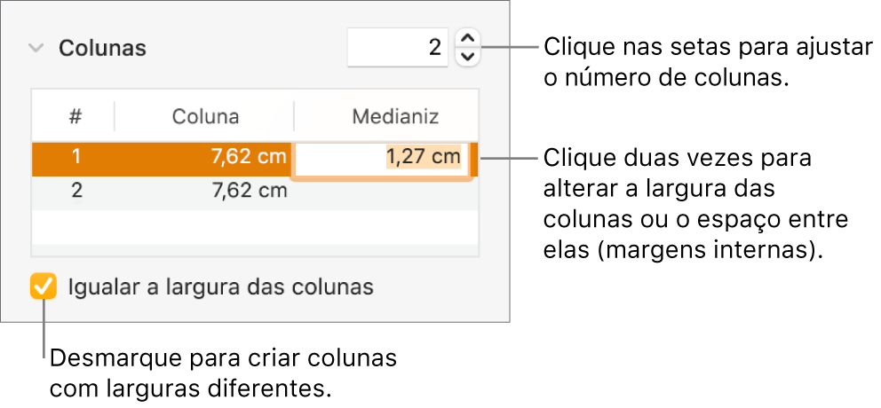 Painel Layout do inspetor Formatar, exibindo os controles de coluna.