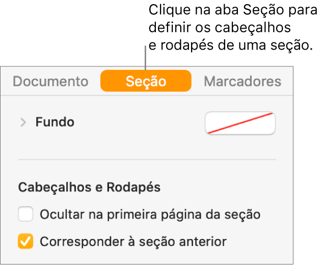 Barra lateral Documento com a aba Seção na parte superior da barra lateral selecionada. A seção “Cabeçalhos e Rodapés” da barra lateral possui caixas ao lado de “Ocultar na primeira página da seção” e “Corresponder à seção anterior”.