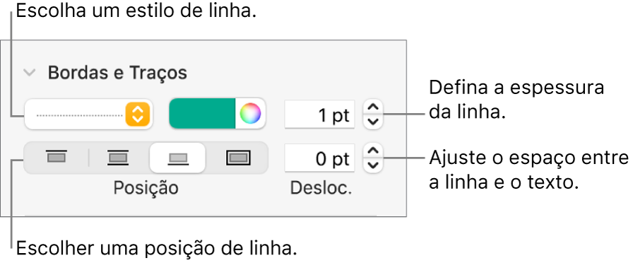 Controles para alterar o estilo, a espessura, a posição e a cor da linha.