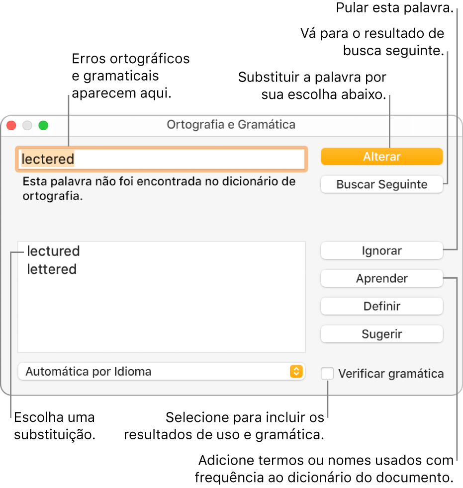 Janela de Ortografia e Gramática.