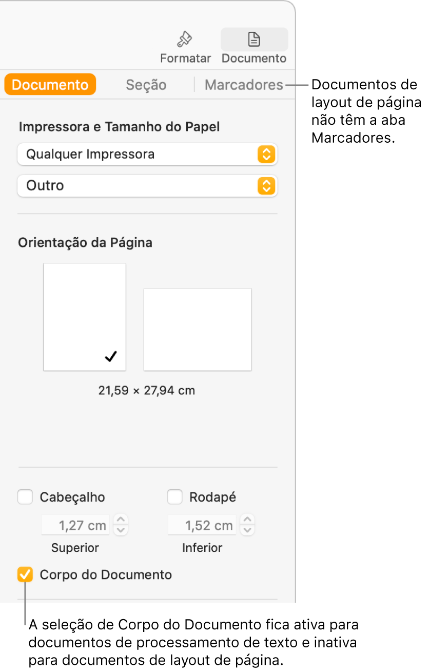 Barra lateral Formatar, com as abas Documento, Seção e Marcadores na parte superior. A aba Documento está selecionada e um balão explicativo para a aba Marcadores diz que documentos de layout de página não possuem a aba Marcadores. A opção Corpo do Documento está selecionada, o que também indica que este é um documento de processamento de texto.