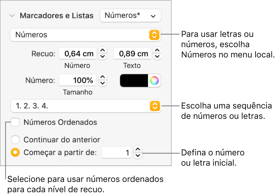 Controles para alterar o estilo dos números e espacejamento de uma lista.