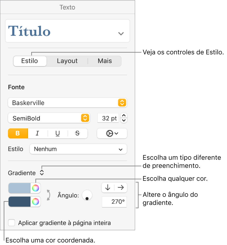 Controles para a escolha de cores prontas ou qualquer cor.