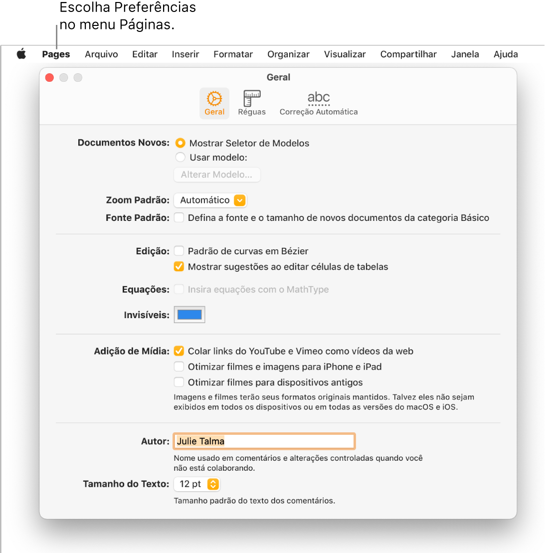 Janela de preferências do Pages aberta no painel Geral.