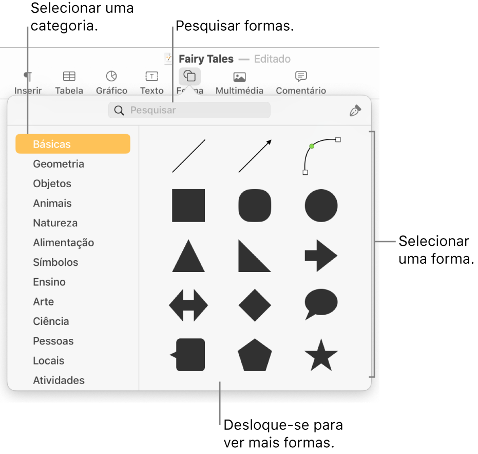 A biblioteca de formas, com as categorias listadas à esquerda e as formas exibidas na parte superior à direita. É possível usar o campo de pesquisa na parte superior para encontrar formas e deslocar-se para ver mais.