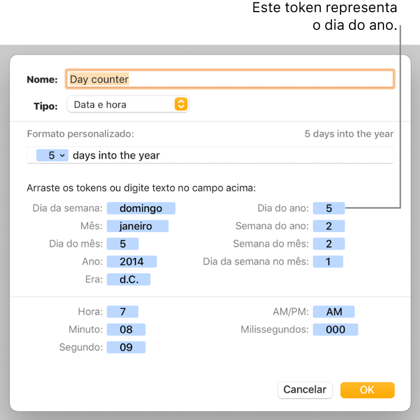 Janela de formato de célula personalizado com controlos para escolher o formato de data e hora personalizado.