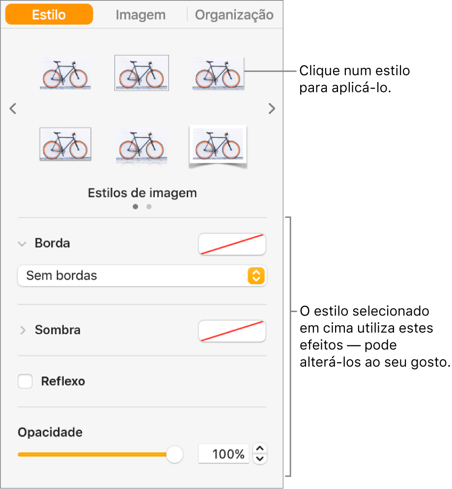 O separador Estilo da barra lateral de formatação a mostrar opções de estilo de objetos.