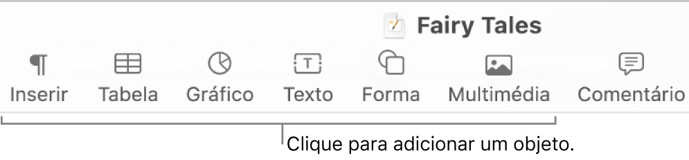 A barra de ferramentas do Pages com os botões Tabela, Gráfico, Texto, Forma e Multimédia.