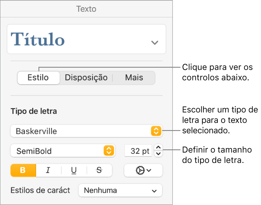 Controlos de texto na secção Estilo da barra lateral de formatação para definir tipo de letra e tamanho do tipo de letra.